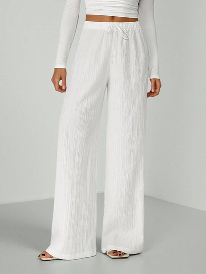 Tall Loose Drawstring Waist Trousers In Textured Crinkle Fabric White Wide Leg Pants Women White Linen Pants Women, Tall Women Vacation Summer Casual