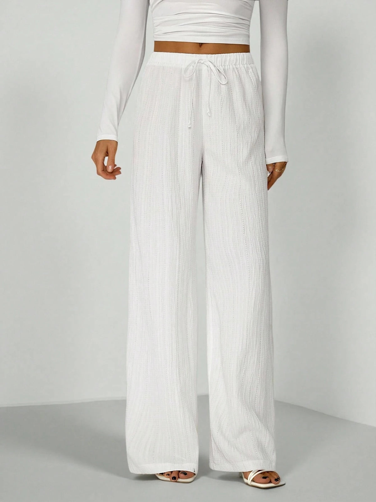 Tall Loose Drawstring Waist Trousers In Textured Crinkle Fabric White Wide Leg Pants Women White Linen Pants Women, Tall Women Vacation Summer Casual