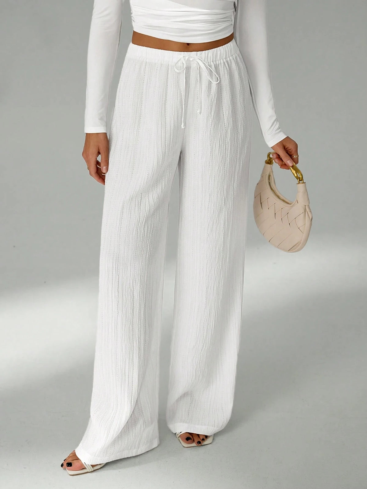 Tall Loose Drawstring Waist Trousers In Textured Crinkle Fabric White Wide Leg Pants Women White Linen Pants Women, Tall Women Vacation Summer Casual