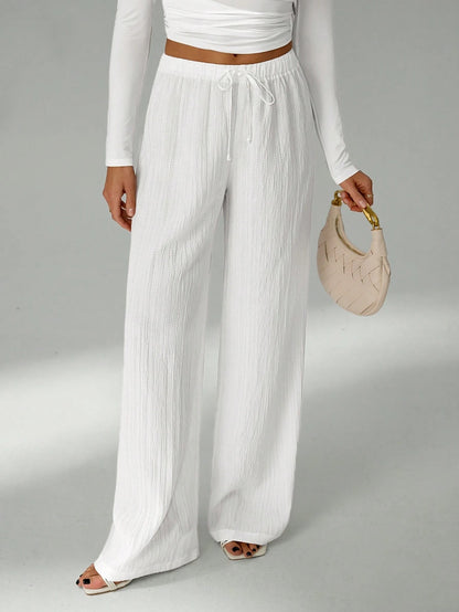 Tall Loose Drawstring Waist Trousers In Textured Crinkle Fabric White Wide Leg Pants Women White Linen Pants Women, Tall Women Vacation Summer Casual