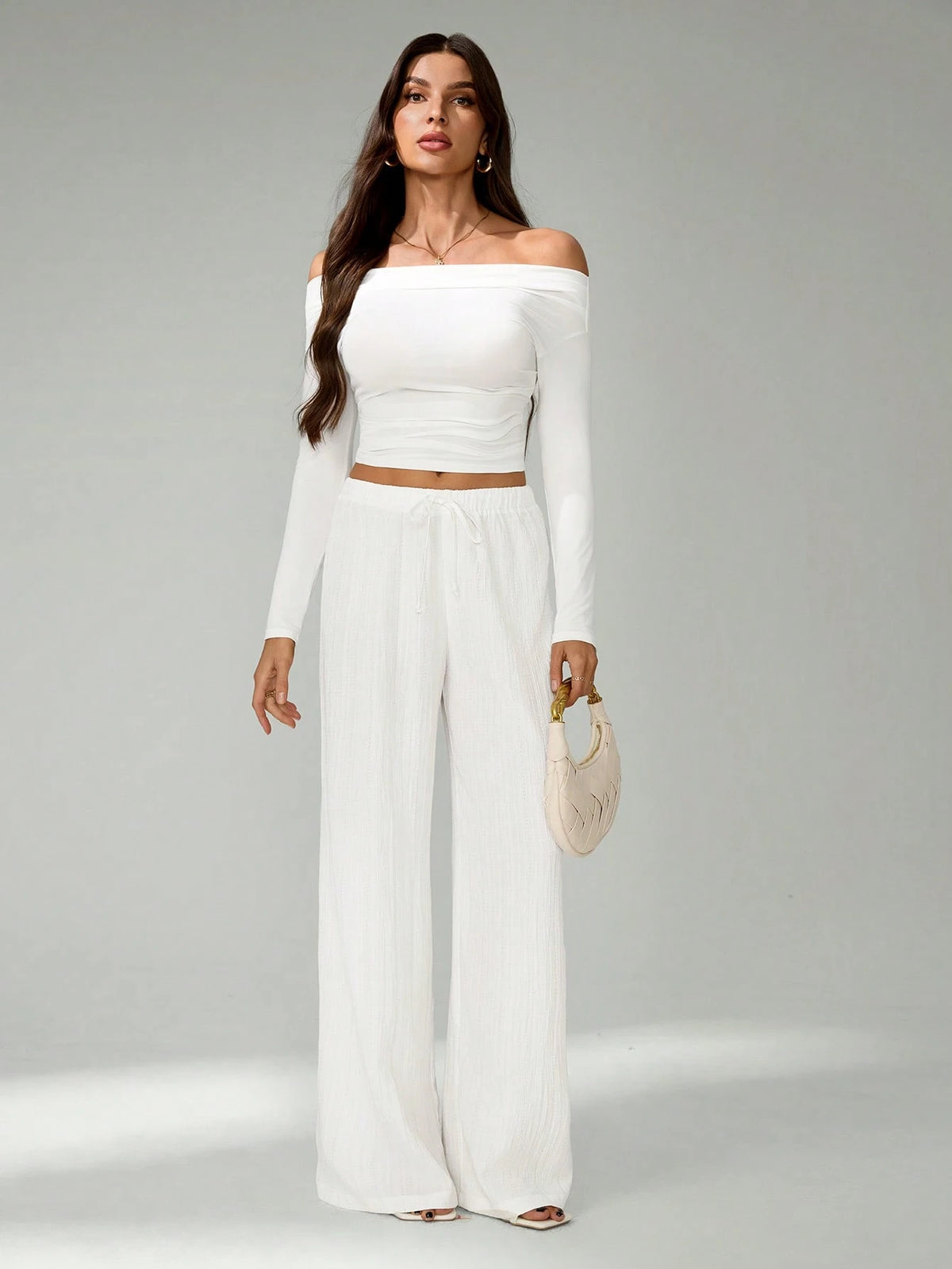 Tall Loose Drawstring Waist Trousers In Textured Crinkle Fabric White Wide Leg Pants Women White Linen Pants Women, Tall Women Vacation Summer Casual