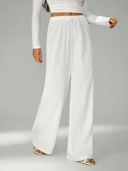 Tall Loose Drawstring Waist Trousers In Textured Crinkle Fabric White Wide Leg Pants Women White Linen Pants Women, Tall Women Vacation Summer Casual