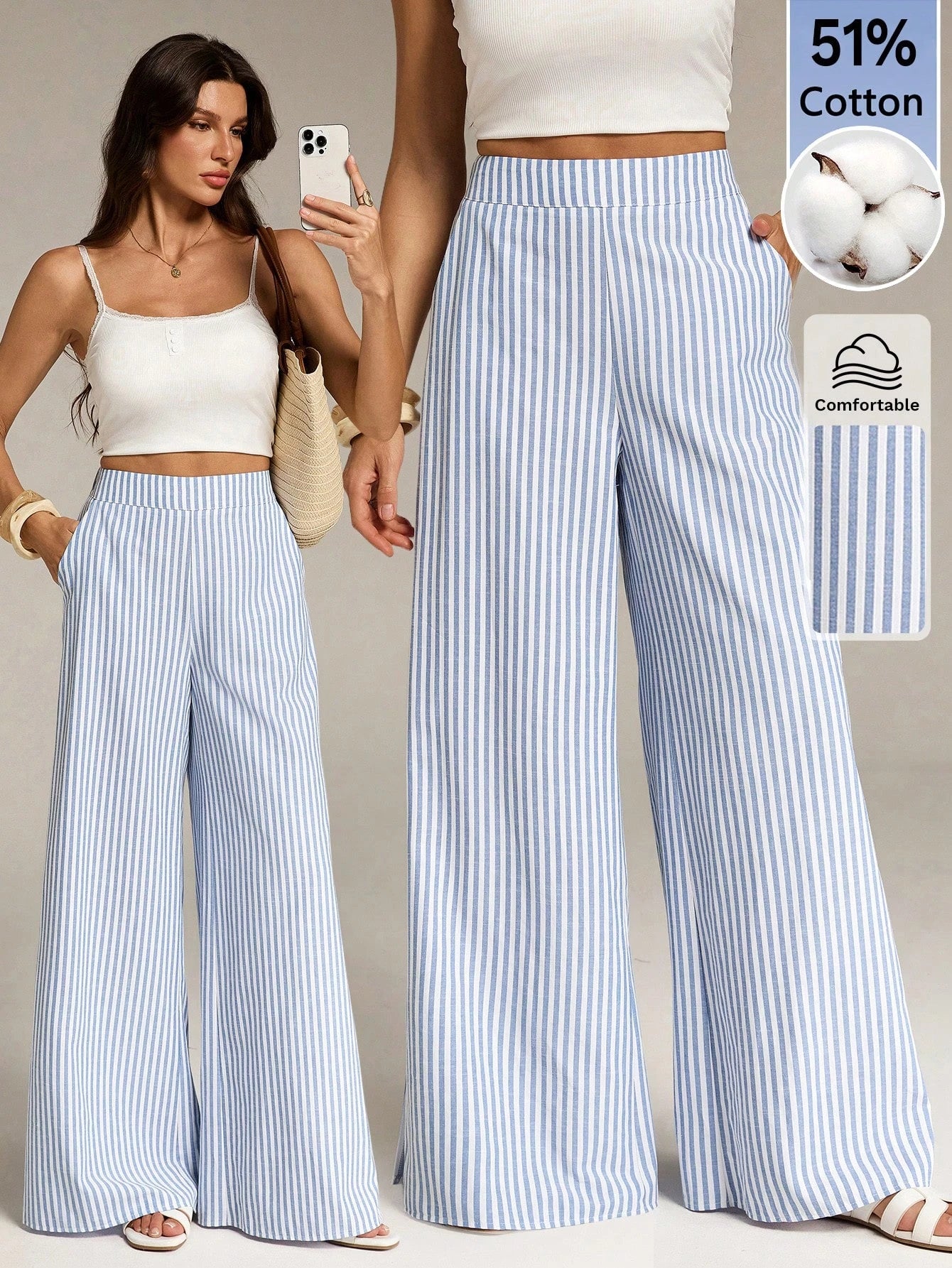 Tall Women's Blue And White Stripe Cotton Wide Leg Pants, Summer Casual Vacation Holiday Boho Striped Pants With Pockets, Spring Long Trousers, Tall Women