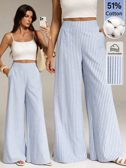 Tall Women's Blue And White Stripe Cotton Wide Leg Pants, Summer Casual Vacation Holiday Boho Striped Pants With Pockets, Spring Long Trousers, Tall Women