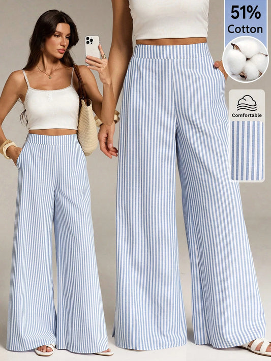 Tall Women's Blue And White Stripe Cotton Wide Leg Pants, Summer Casual Vacation Holiday Boho Striped Pants With Pockets, Spring Long Trousers, Tall Women