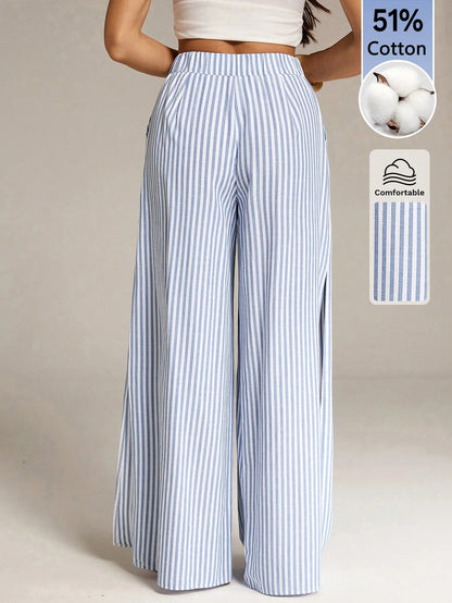 Tall Women's Blue And White Stripe Cotton Wide Leg Pants, Summer Casual Vacation Holiday Boho Striped Pants With Pockets, Spring Long Trousers, Tall Women