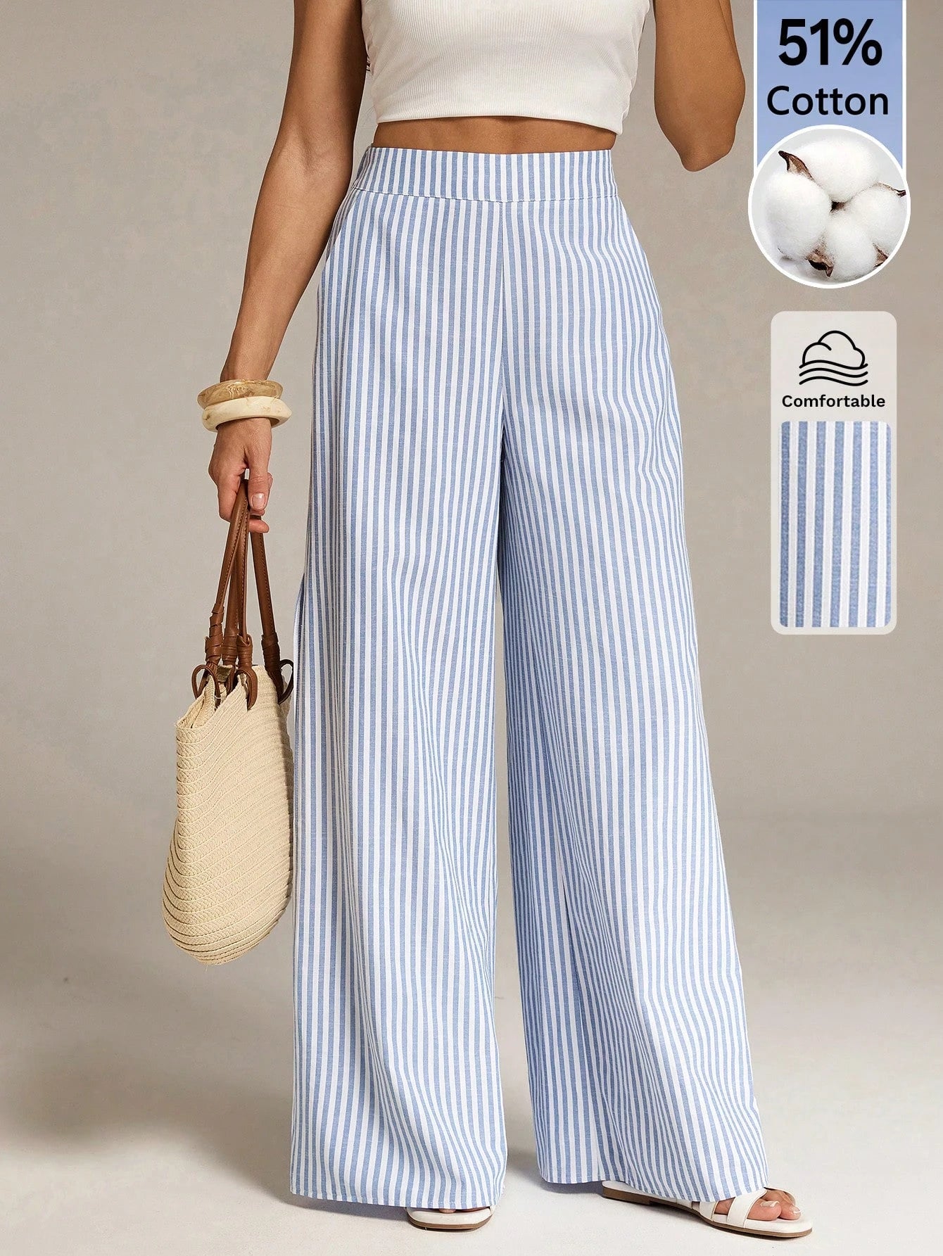 Tall Women's Blue And White Stripe Cotton Wide Leg Pants, Summer Casual Vacation Holiday Boho Striped Pants With Pockets, Spring Long Trousers, Tall Women