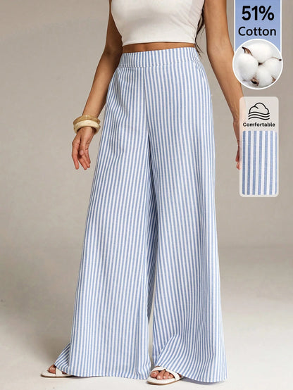 Tall Women's Blue And White Stripe Cotton Wide Leg Pants, Summer Casual Vacation Holiday Boho Striped Pants With Pockets, Spring Long Trousers, Tall Women