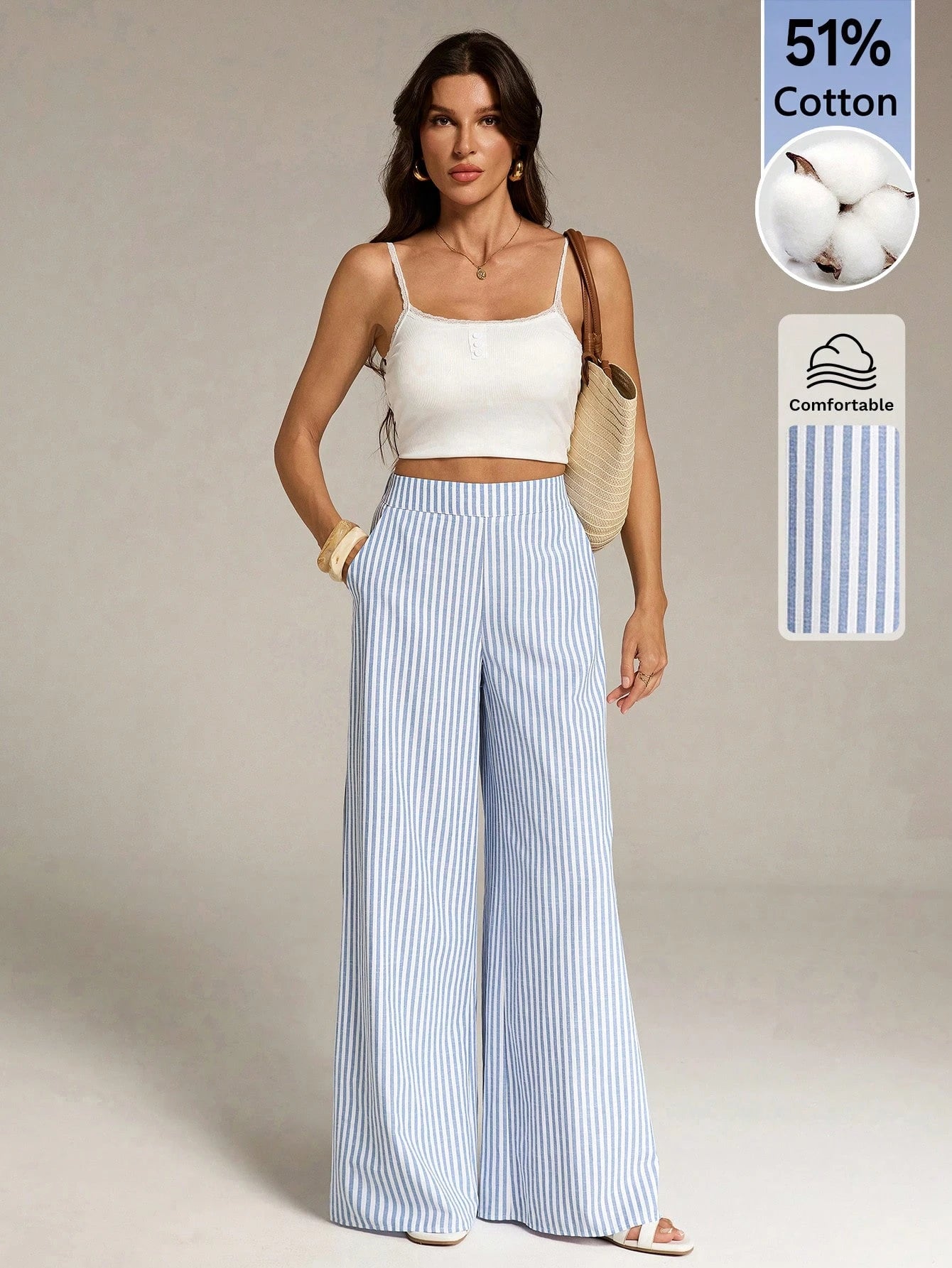 Tall Women's Blue And White Stripe Cotton Wide Leg Pants, Summer Casual Vacation Holiday Boho Striped Pants With Pockets, Spring Long Trousers, Tall Women