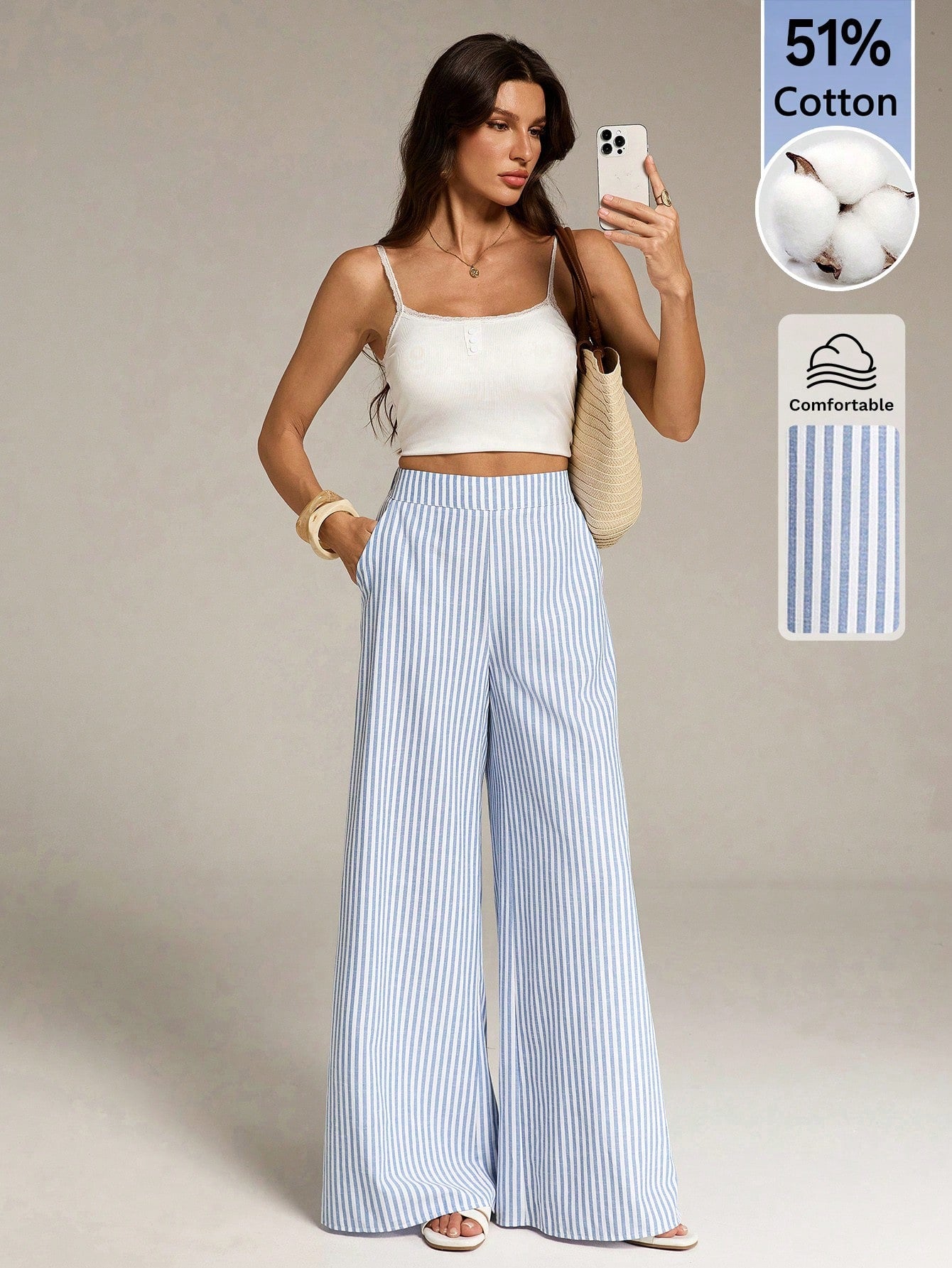 Tall Women's Blue And White Stripe Cotton Wide Leg Pants, Summer Casual Vacation Holiday Boho Striped Pants With Pockets, Spring Long Trousers, Tall Women