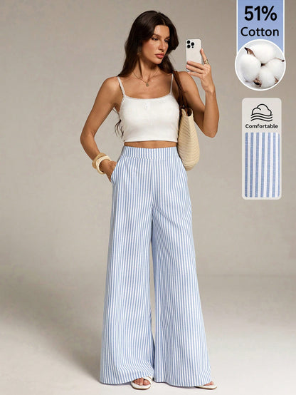 Tall Women's Blue And White Stripe Cotton Wide Leg Pants, Summer Casual Vacation Holiday Boho Striped Pants With Pockets, Spring Long Trousers, Tall Women