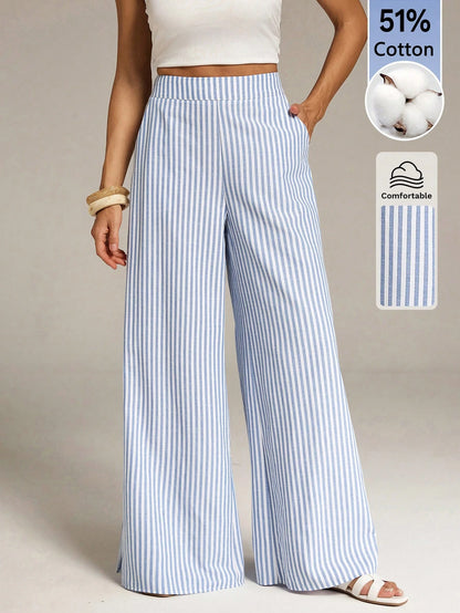 Tall Women's Blue And White Stripe Cotton Wide Leg Pants, Summer Casual Vacation Holiday Boho Striped Pants With Pockets, Spring Long Trousers, Tall Women