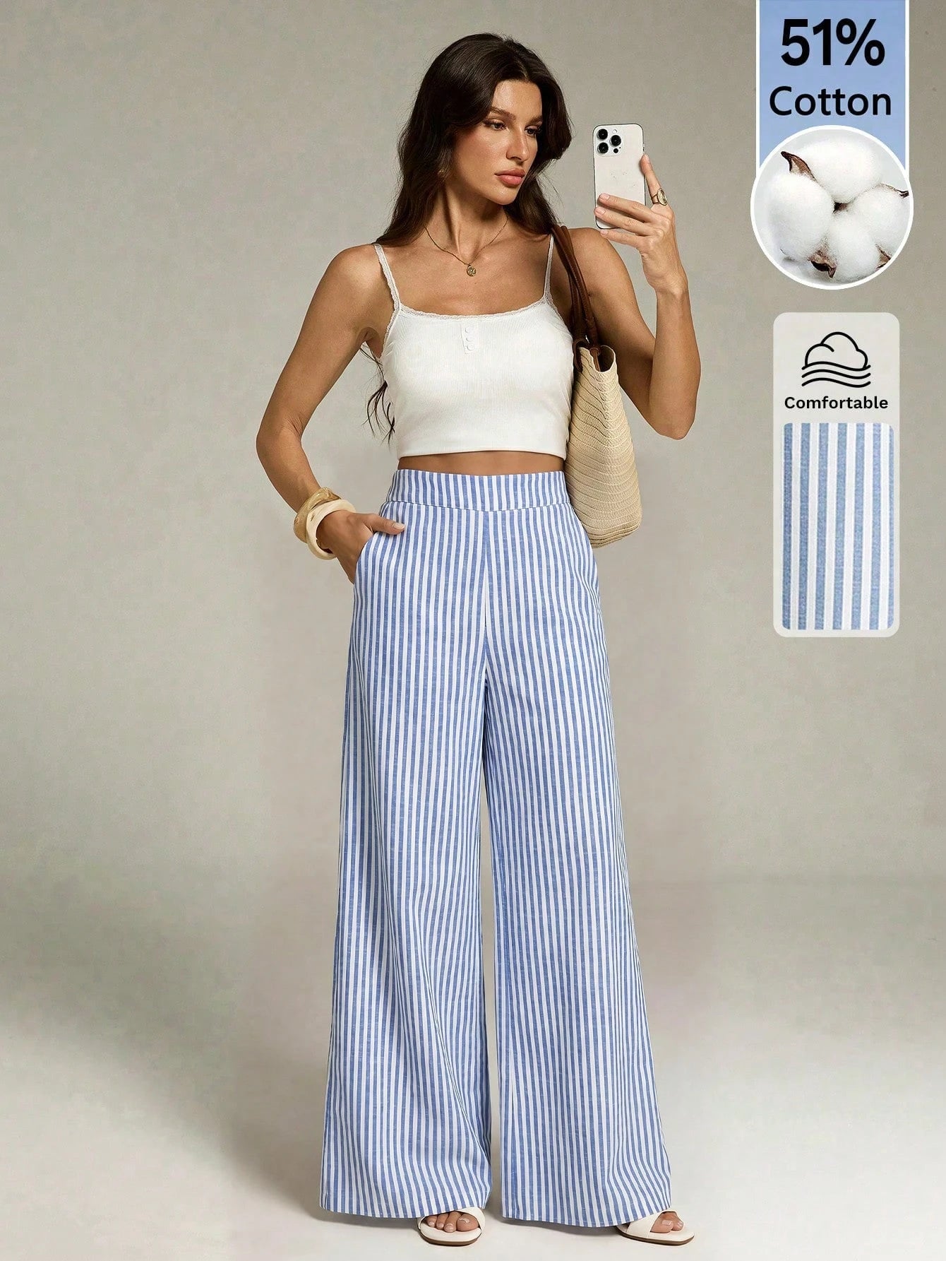 Tall Women's Blue And White Stripe Cotton Wide Leg Pants, Summer Casual Vacation Holiday Boho Striped Pants With Pockets, Spring Long Trousers, Tall Women