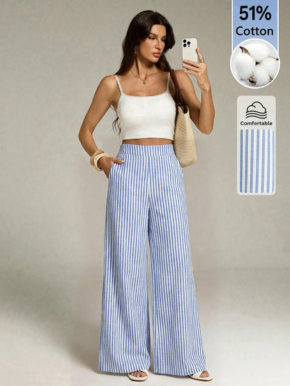 Tall Women's Blue And White Stripe Cotton Wide Leg Pants, Summer Casual Vacation Holiday Boho Striped Pants With Pockets, Spring Long Trousers, Tall Women