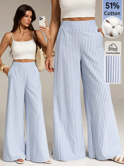 Tall Women's Blue And White Stripe Cotton Wide Leg Pants, Summer Casual Vacation Holiday Boho Striped Pants With Pockets, Spring Long Trousers, Tall Women