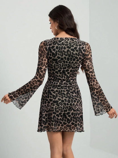 Tall Women's Leopard Mesh Bell Sleeve Mini Dress, Tall Women