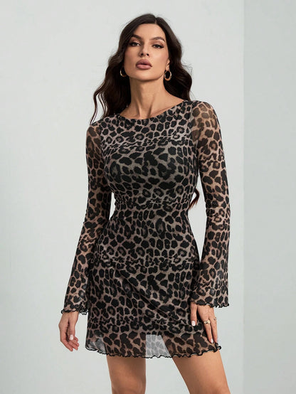 Tall Women's Leopard Mesh Bell Sleeve Mini Dress, Tall Women