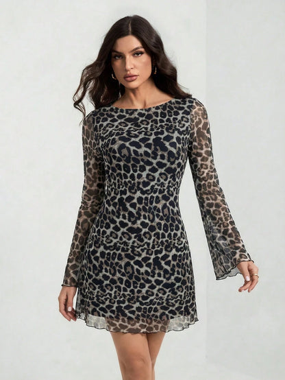 Tall Women's Leopard Mesh Bell Sleeve Mini Dress, Tall Women