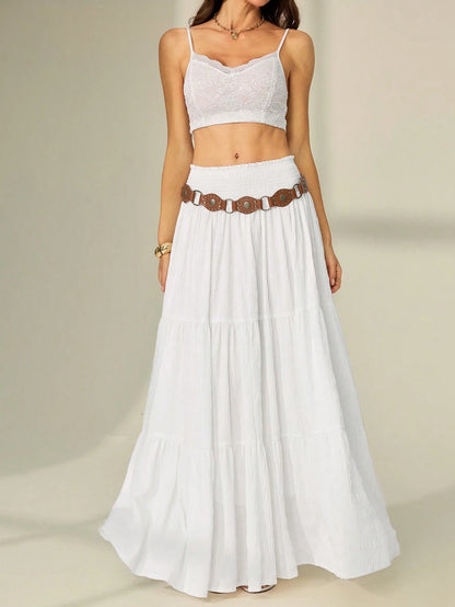 Tall Women's Solid Color Shirred Waist Ruffled Hem Skirt, Tall Women