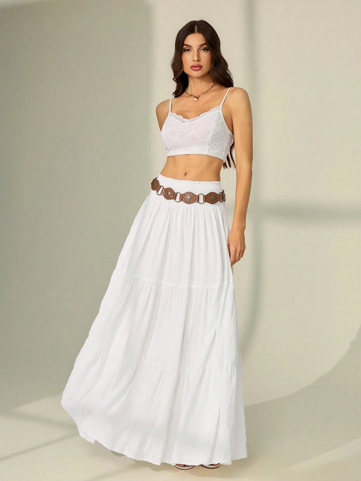 Tall Women's Solid Color Shirred Waist Ruffled Hem Skirt, Tall Women