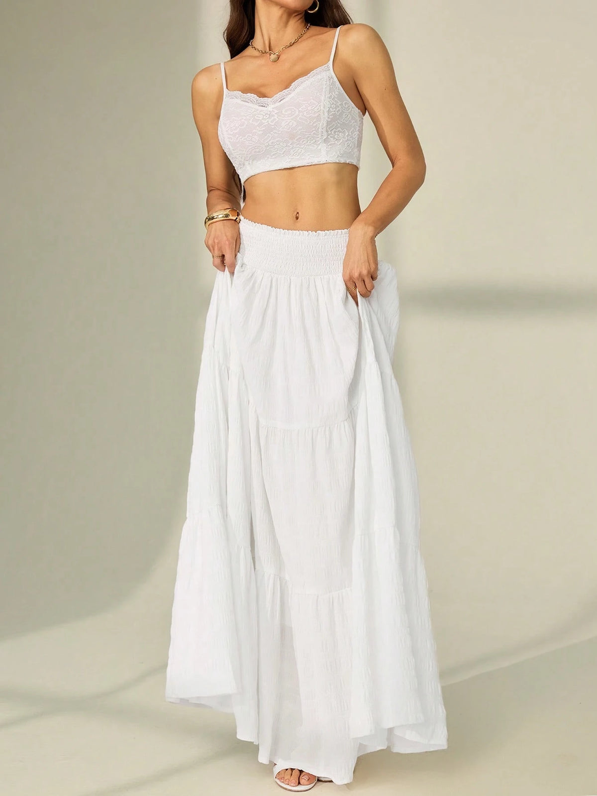 Tall Women's Solid Color Shirred Waist Ruffled Hem Skirt, Tall Women