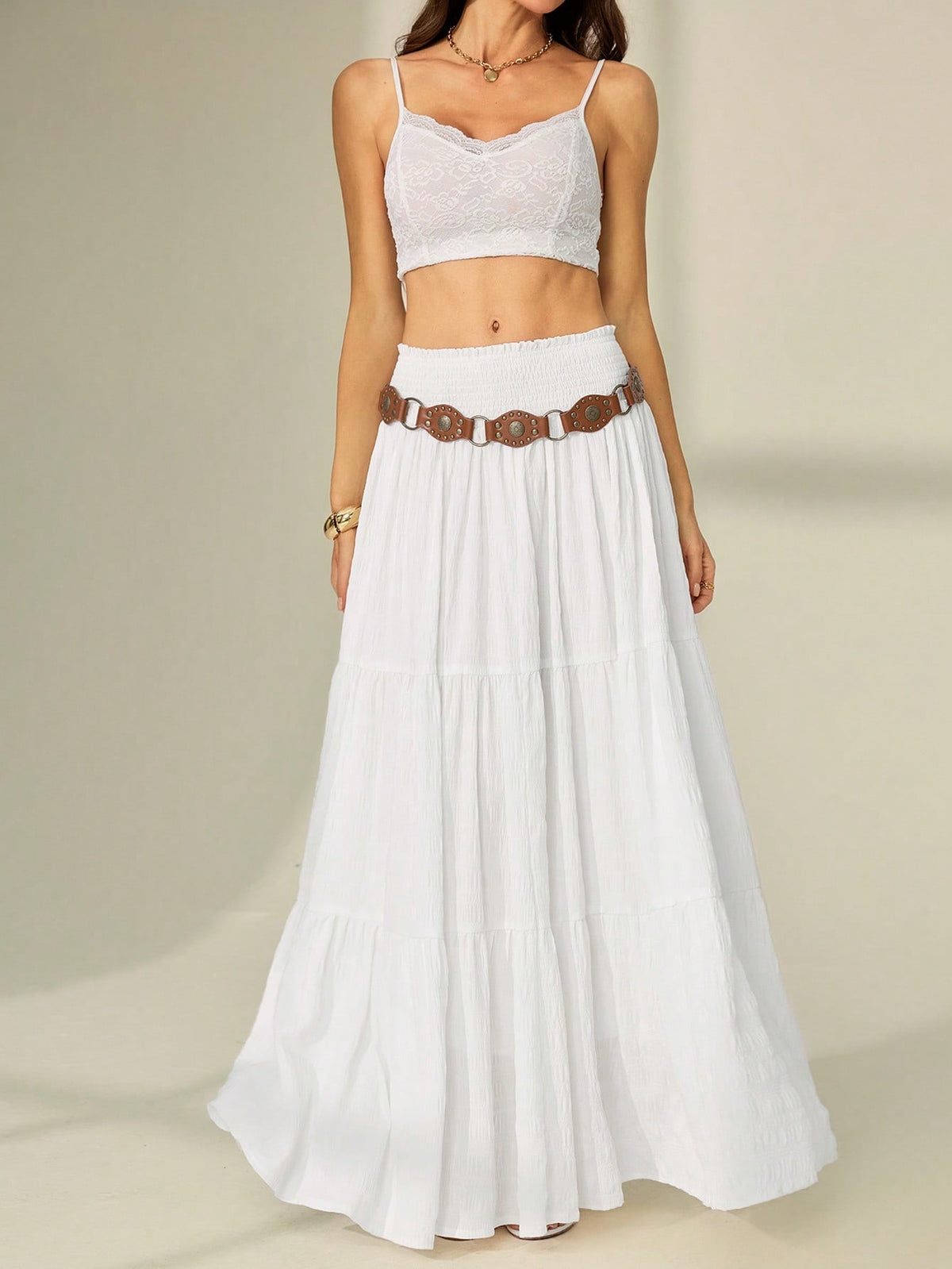 Tall Women's Solid Color Shirred Waist Ruffled Hem Skirt, Tall Women