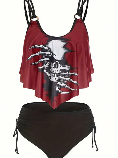 Tankini Set Casual Knitted Fabric Drawstring Ring Ruffle Hem Women's Swimwear Clothing Vacation Beach Summer102-03