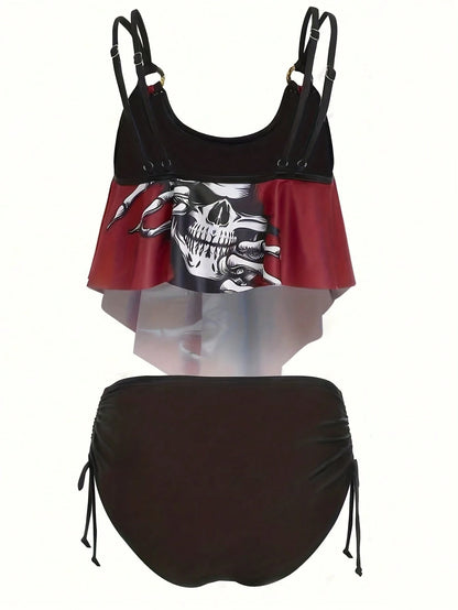 Tankini Set Casual Knitted Fabric Drawstring Ring Ruffle Hem Women's Swimwear Clothing Vacation Beach Summer102-03