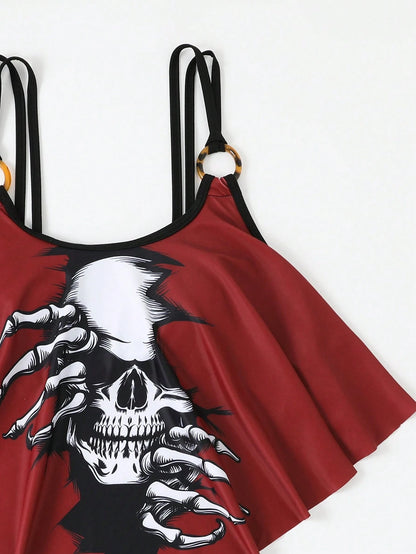 Tankini Set Casual Knitted Fabric Drawstring Ring Ruffle Hem Women's Swimwear Clothing Vacation Beach Summer102-03