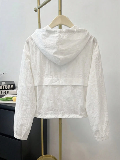 Teen Girl Woven Solid Color Patch Pocket Short Loose Casual Streetwear Hooded Winter Jacket Back-To-School White Autumn