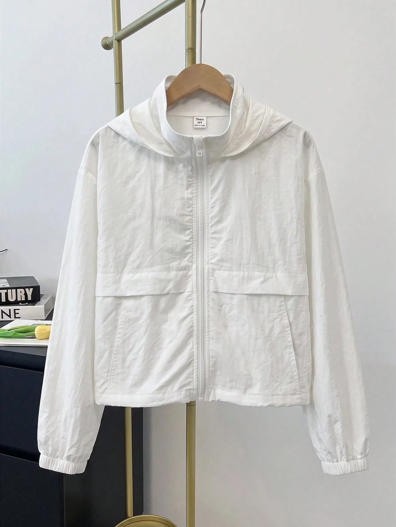 Teen Girl Woven Solid Color Patch Pocket Short Loose Casual Streetwear Hooded Winter Jacket Back-To-School White Autumn