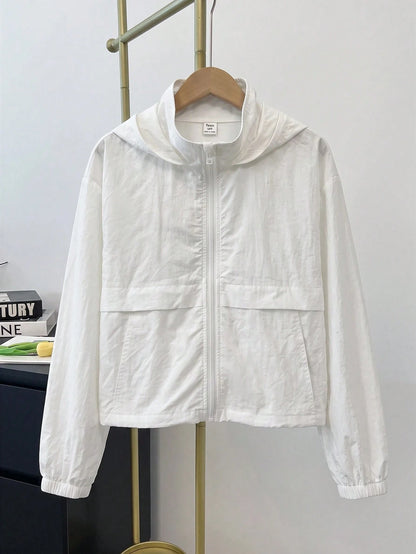 Teen Girl Woven Solid Color Patch Pocket Short Loose Casual Streetwear Hooded Winter Jacket Back-To-School White Autumn