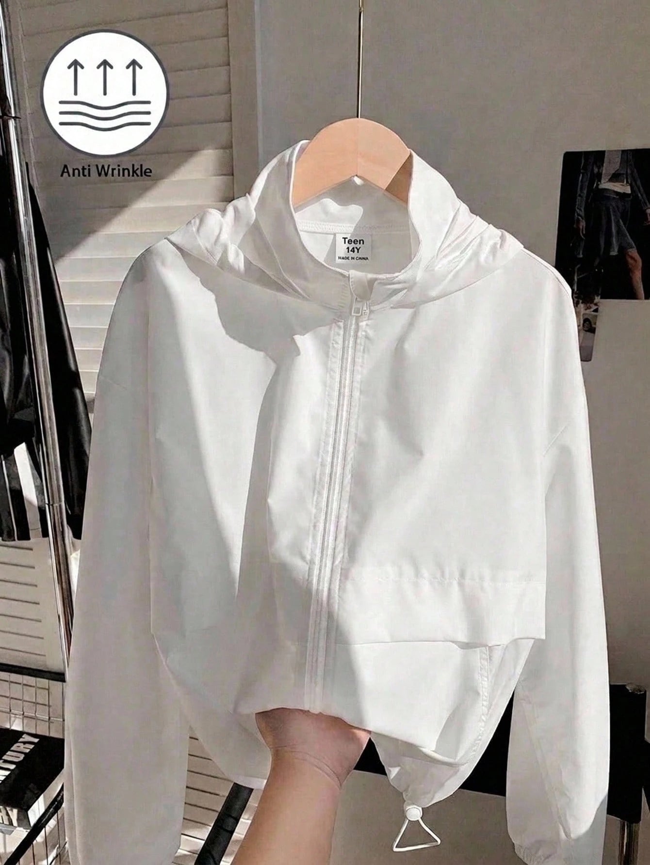 Teen Girl Woven Solid Color Patch Pocket Short Loose Casual Streetwear Hooded Winter Jacket Back-To-School White Autumn