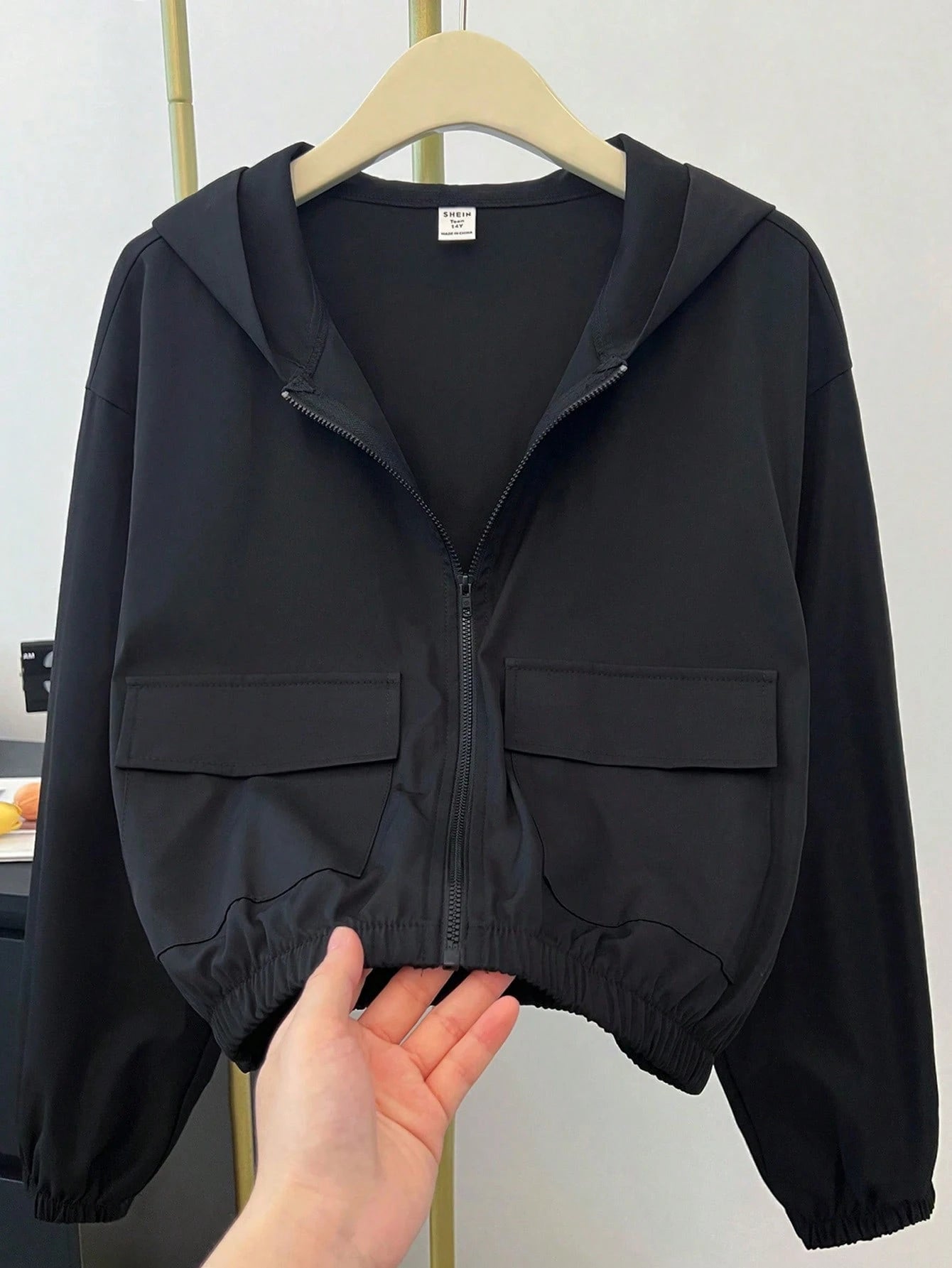 Teen Girl Woven Solid Color Patch Pocket Short Loose Casual Streetwear Hooded Winter Jacket Back-To-School White Autumn