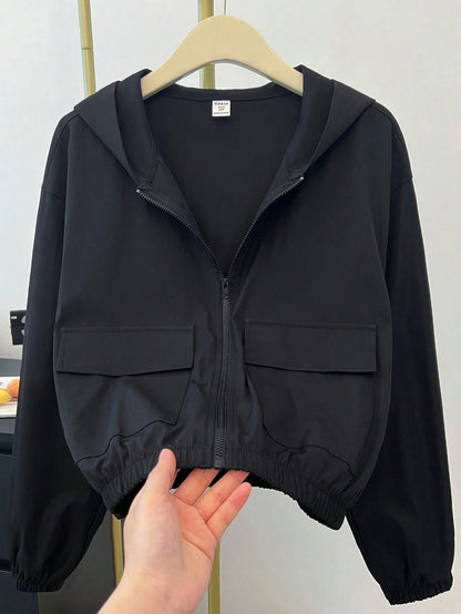 Teen Girl Woven Solid Color Patch Pocket Short Loose Casual Streetwear Hooded Winter Jacket Back-To-School White Autumn