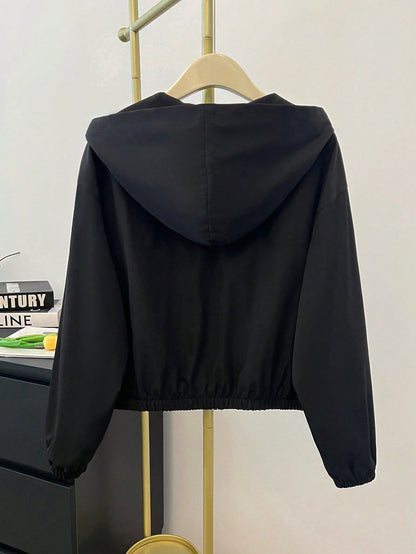 Teen Girl Woven Solid Color Patch Pocket Short Loose Casual Streetwear Hooded Winter Jacket Back-To-School White Autumn