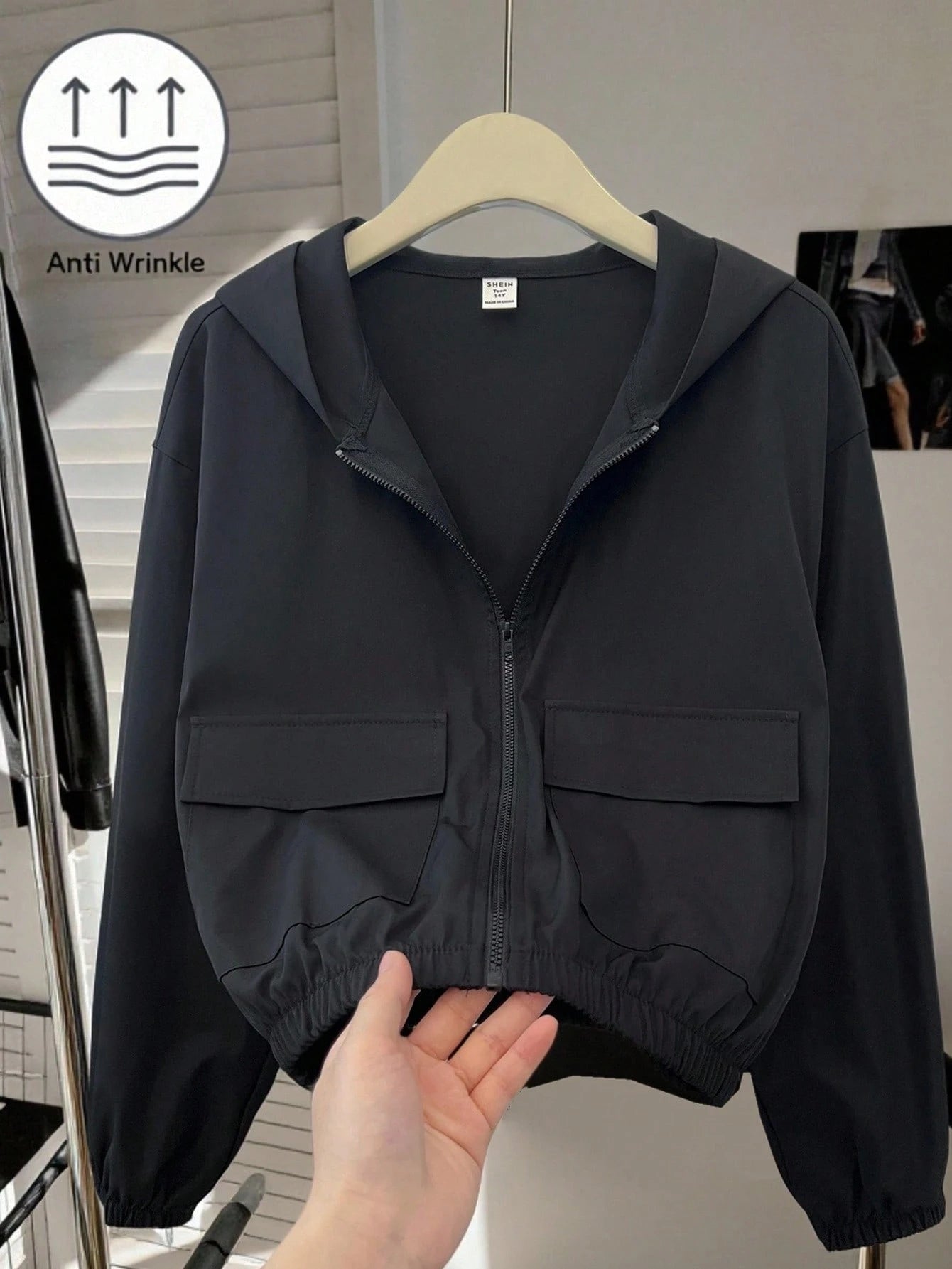 Teen Girl Woven Solid Color Patch Pocket Short Loose Casual Streetwear Hooded Winter Jacket Back-To-School White Autumn