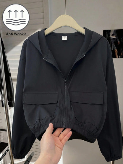 Teen Girl Woven Solid Color Patch Pocket Short Loose Casual Streetwear Hooded Winter Jacket Back-To-School White Autumn