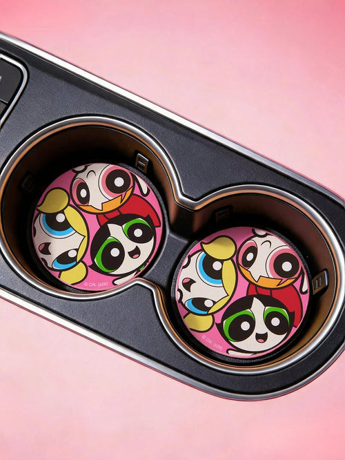 THE POWERPUFF GIRLS X PU Leather Car Coaster, Shockproof, Universal, Stylish, Can Be Placed In Car Cup Holder, Also Usable As Car Or Home Office Coaster, Friendship, Bubbles, Blossom, Buttercup
