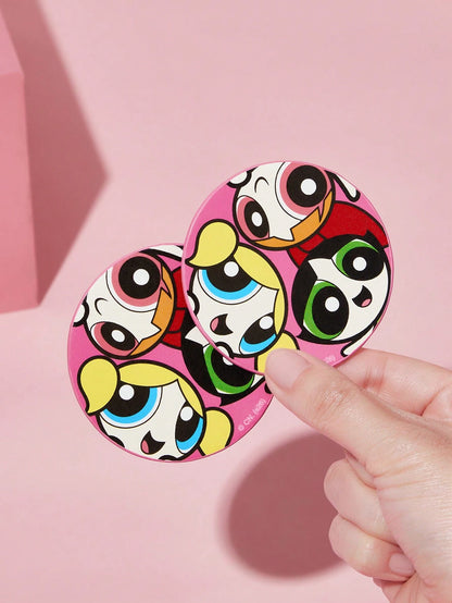 THE POWERPUFF GIRLS X PU Leather Car Coaster, Shockproof, Universal, Stylish, Can Be Placed In Car Cup Holder, Also Usable As Car Or Home Office Coaster, Friendship, Bubbles, Blossom, Buttercup