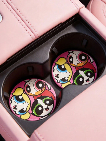THE POWERPUFF GIRLS X PU Leather Car Coaster, Shockproof, Universal, Stylish, Can Be Placed In Car Cup Holder, Also Usable As Car Or Home Office Coaster, Friendship, Bubbles, Blossom, Buttercup