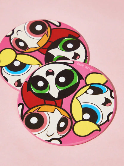THE POWERPUFF GIRLS X PU Leather Car Coaster, Shockproof, Universal, Stylish, Can Be Placed In Car Cup Holder, Also Usable As Car Or Home Office Coaster, Friendship, Bubbles, Blossom, Buttercup