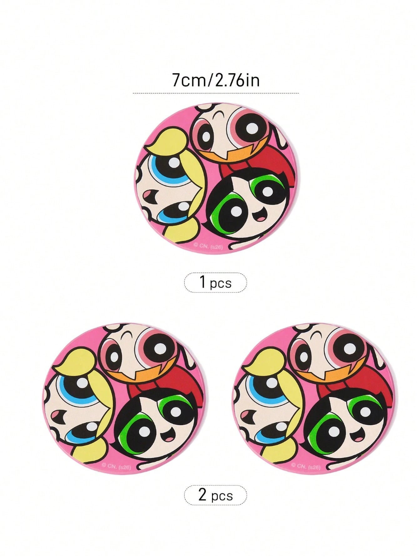 THE POWERPUFF GIRLS X PU Leather Car Coaster, Shockproof, Universal, Stylish, Can Be Placed In Car Cup Holder, Also Usable As Car Or Home Office Coaster, Friendship, Bubbles, Blossom, Buttercup
