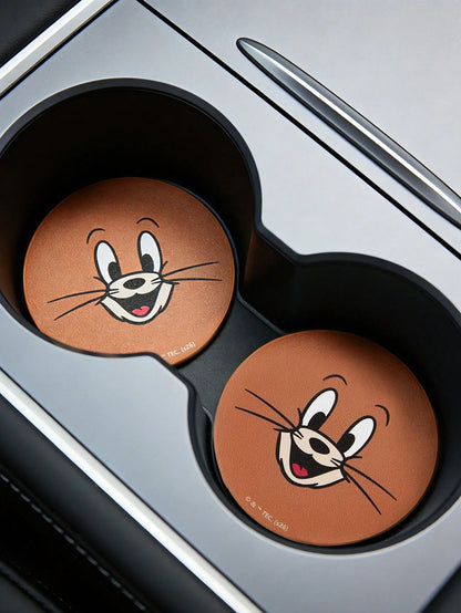 THE POWERPUFF GIRLS X PU Leather Car Coaster, Shockproof, Universal, Stylish, Can Be Placed In Car Cup Holder, Also Usable As Car Or Home Office Coaster, Friendship, Bubbles, Blossom, Buttercup