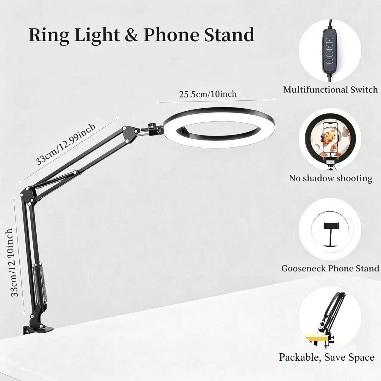This 10-Inch Ring Light With A Hanging Phone Holder Comes With A Flexible Table Arm. The Ring Light Is Powered By USB, And The Stand Angle Is Adjustable. Suitable For Video Recording, Cooking, Nail Ar