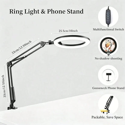This 10-Inch Ring Light With A Hanging Phone Holder Comes With A Flexible Table Arm. The Ring Light Is Powered By USB, And The Stand Angle Is Adjustable. Suitable For Video Recording, Cooking, Nail Ar