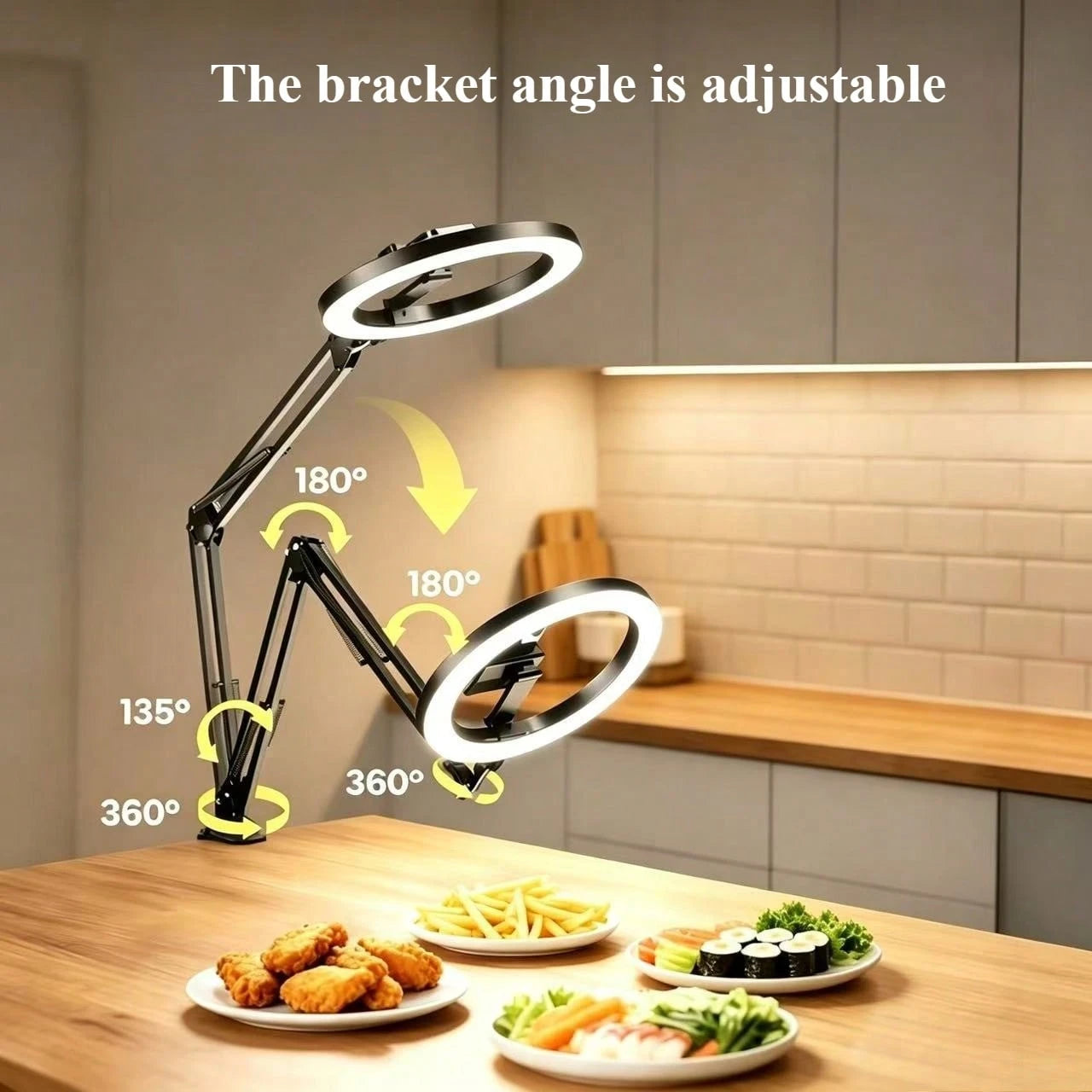 This 10-Inch Ring Light With A Hanging Phone Holder Comes With A Flexible Table Arm. The Ring Light Is Powered By USB, And The Stand Angle Is Adjustable. Suitable For Video Recording, Cooking, Nail Ar