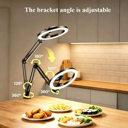 This 10-Inch Ring Light With A Hanging Phone Holder Comes With A Flexible Table Arm. The Ring Light Is Powered By USB, And The Stand Angle Is Adjustable. Suitable For Video Recording, Cooking, Nail Ar