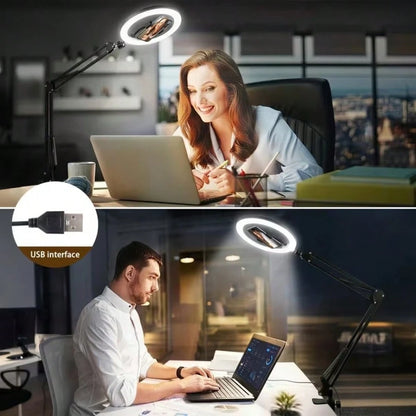 This 10-Inch Ring Light With A Hanging Phone Holder Comes With A Flexible Table Arm. The Ring Light Is Powered By USB, And The Stand Angle Is Adjustable. Suitable For Video Recording, Cooking, Nail Ar