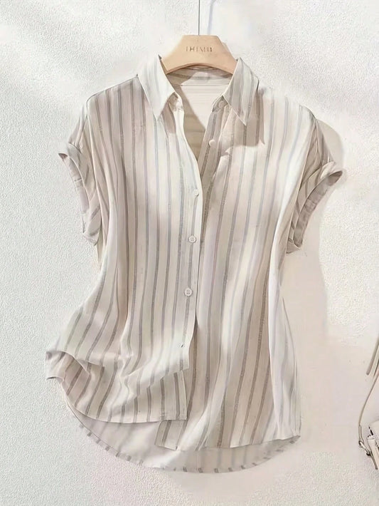 This Casual And Women's Striped Polyester Shirt Features A Button-Up Collar, Short Batwing Sleeves Summer, Effortless Style
